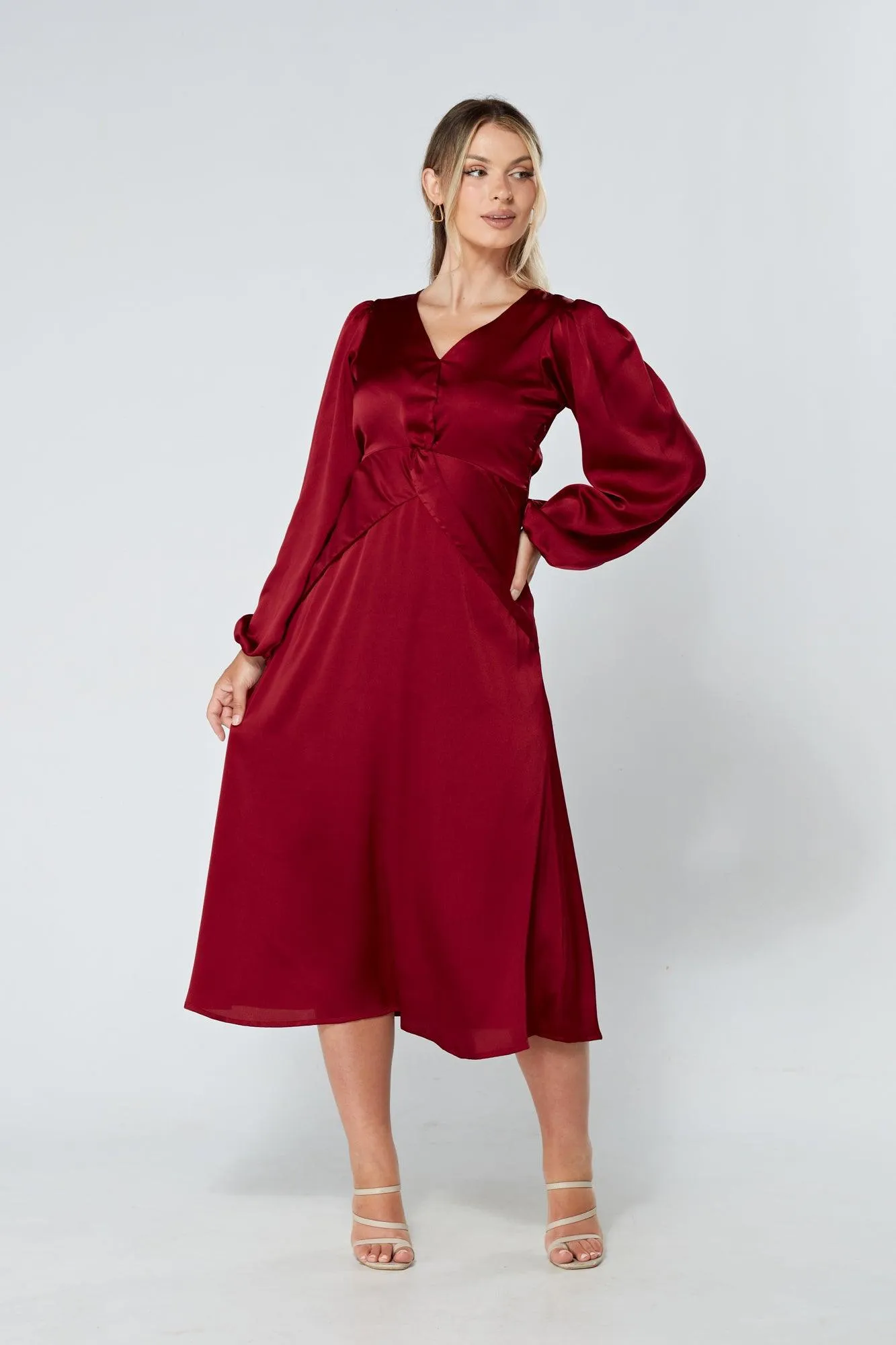 Calissa Deep Red Satin-feel Folded Body Midaxi Dress