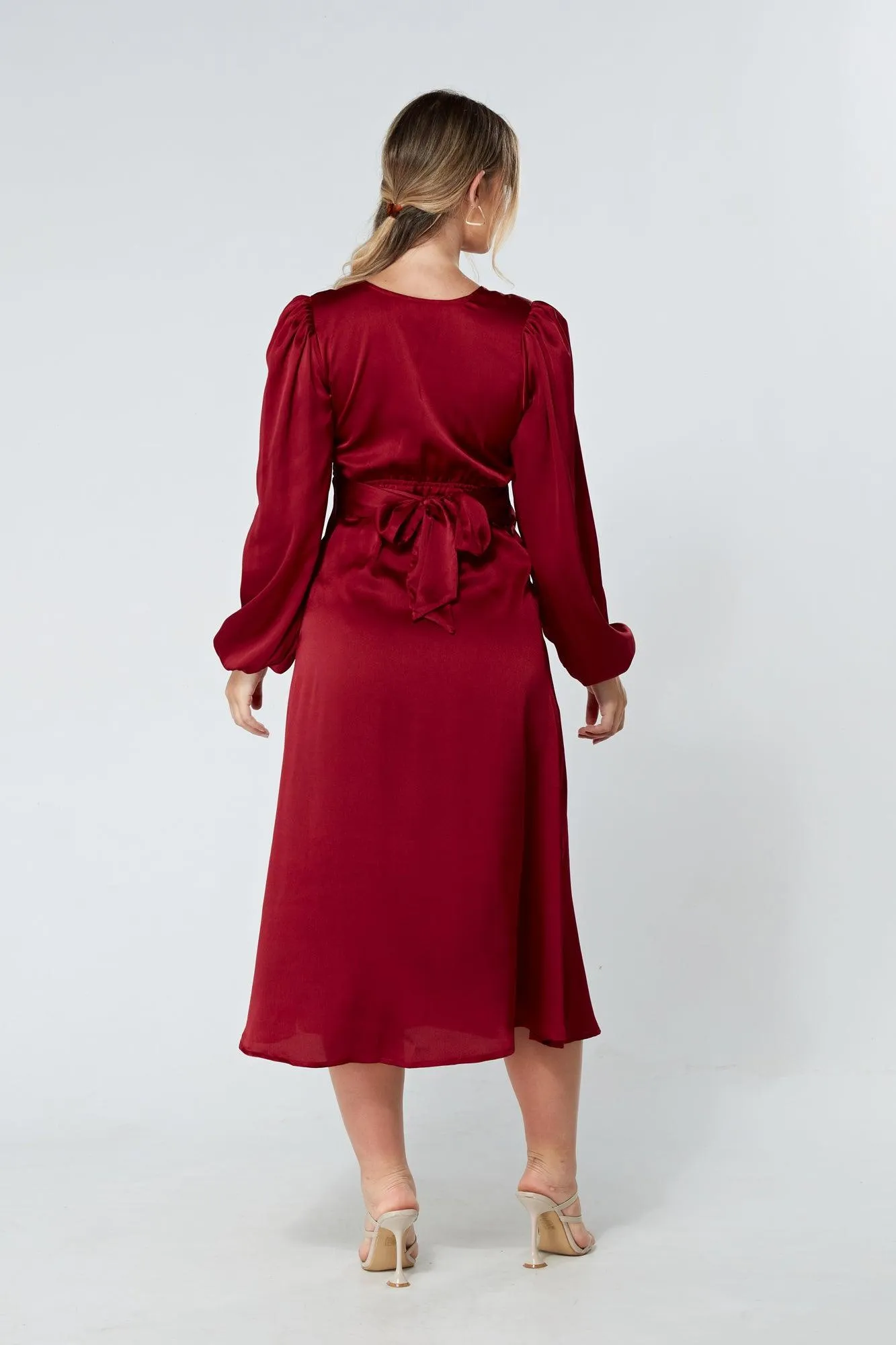 Calissa Deep Red Satin-feel Folded Body Midaxi Dress