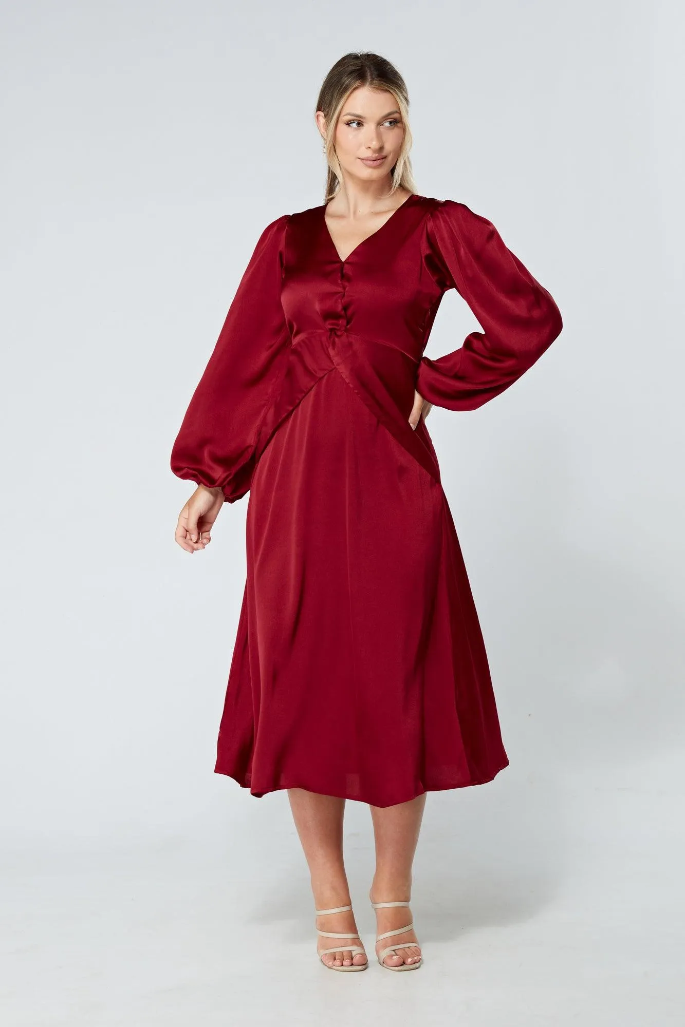 Calissa Deep Red Satin-feel Folded Body Midaxi Dress