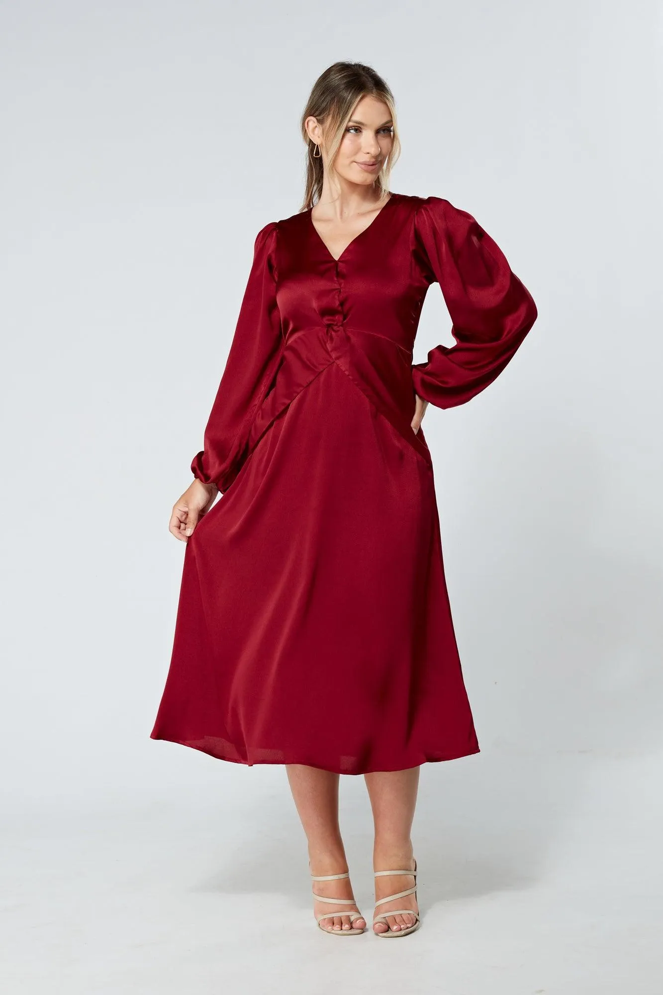 Calissa Deep Red Satin-feel Folded Body Midaxi Dress