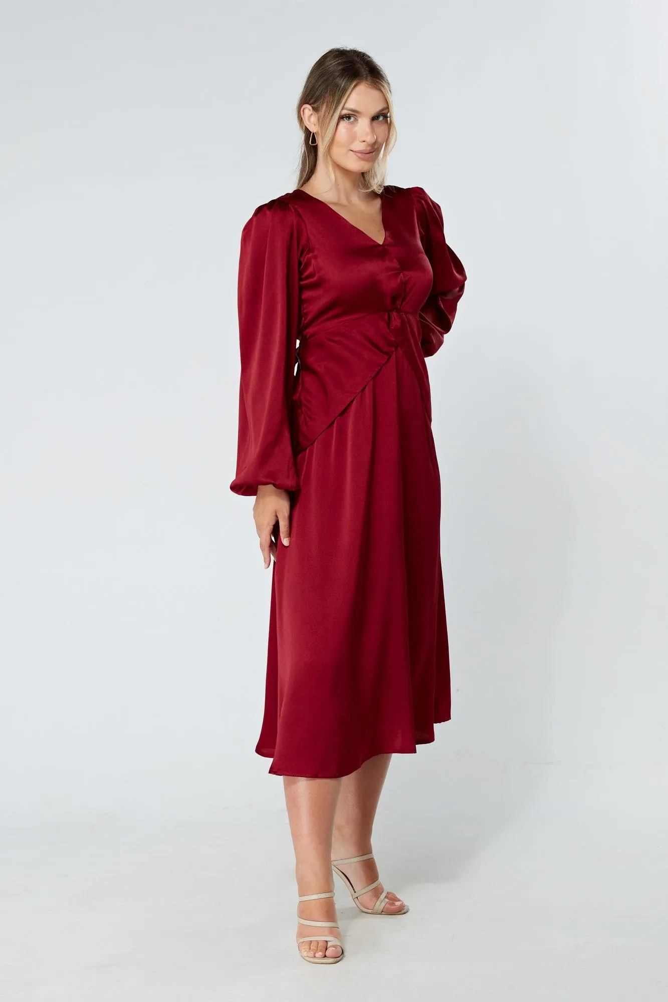 Calissa Deep Red Satin-feel Folded Body Midaxi Dress