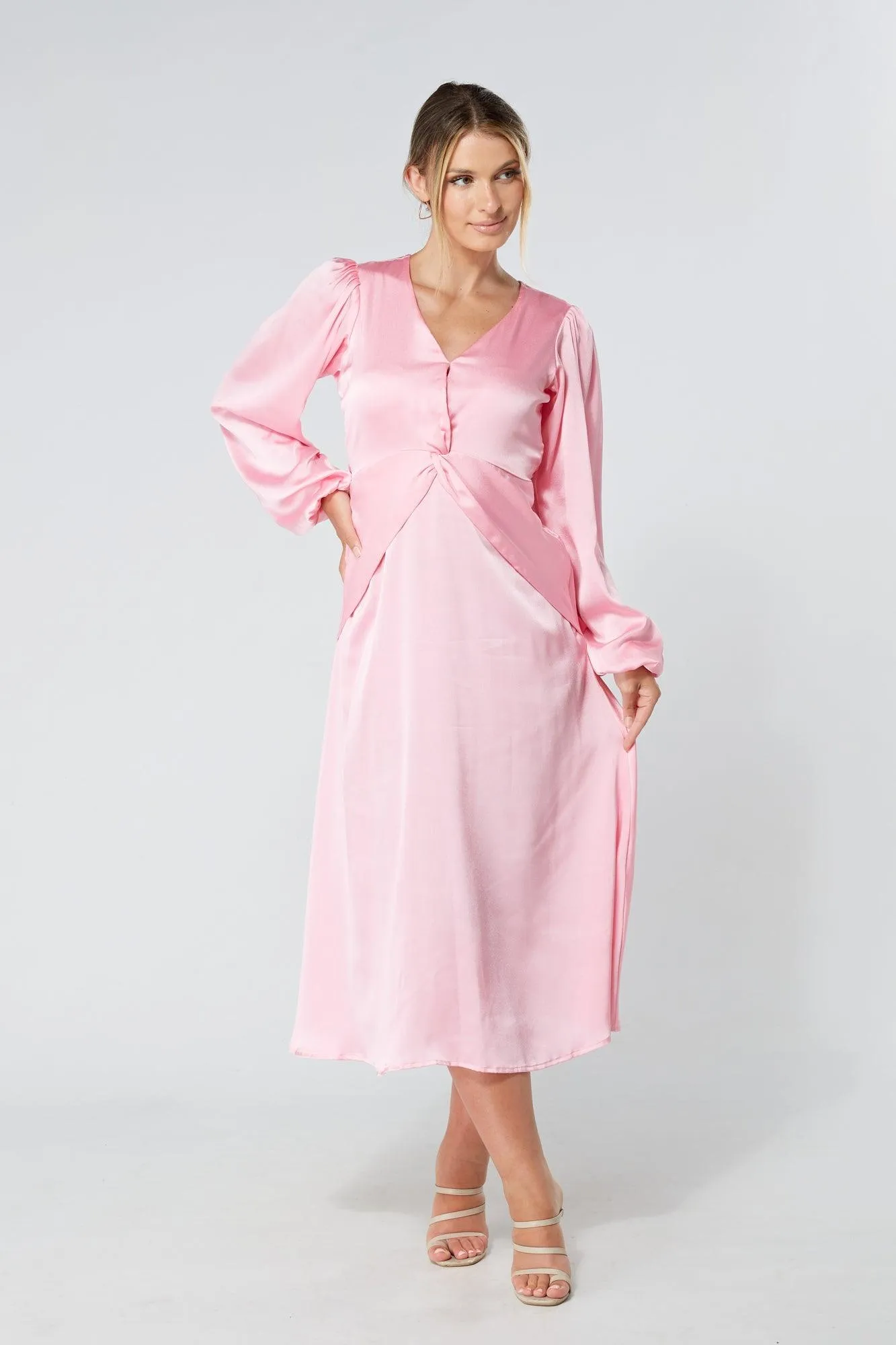 Calissa Light Pink Satin-feel Folded Body Midaxi Dress