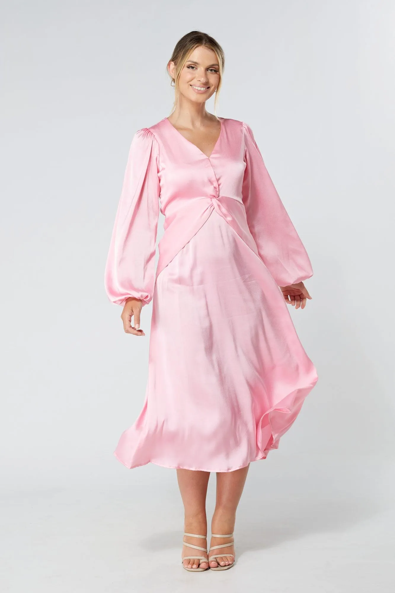 Calissa Light Pink Satin-feel Folded Body Midaxi Dress