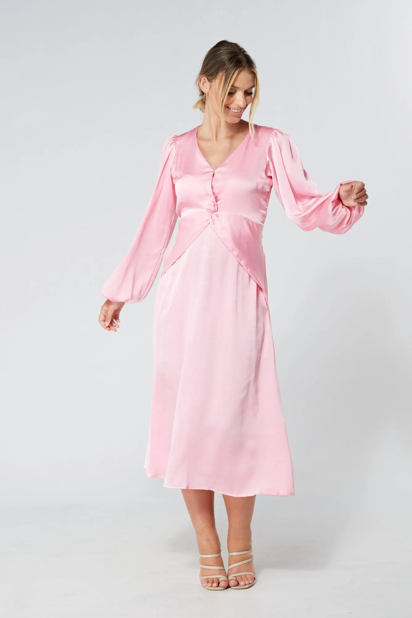 Calissa Light Pink Satin-feel Folded Body Midaxi Dress