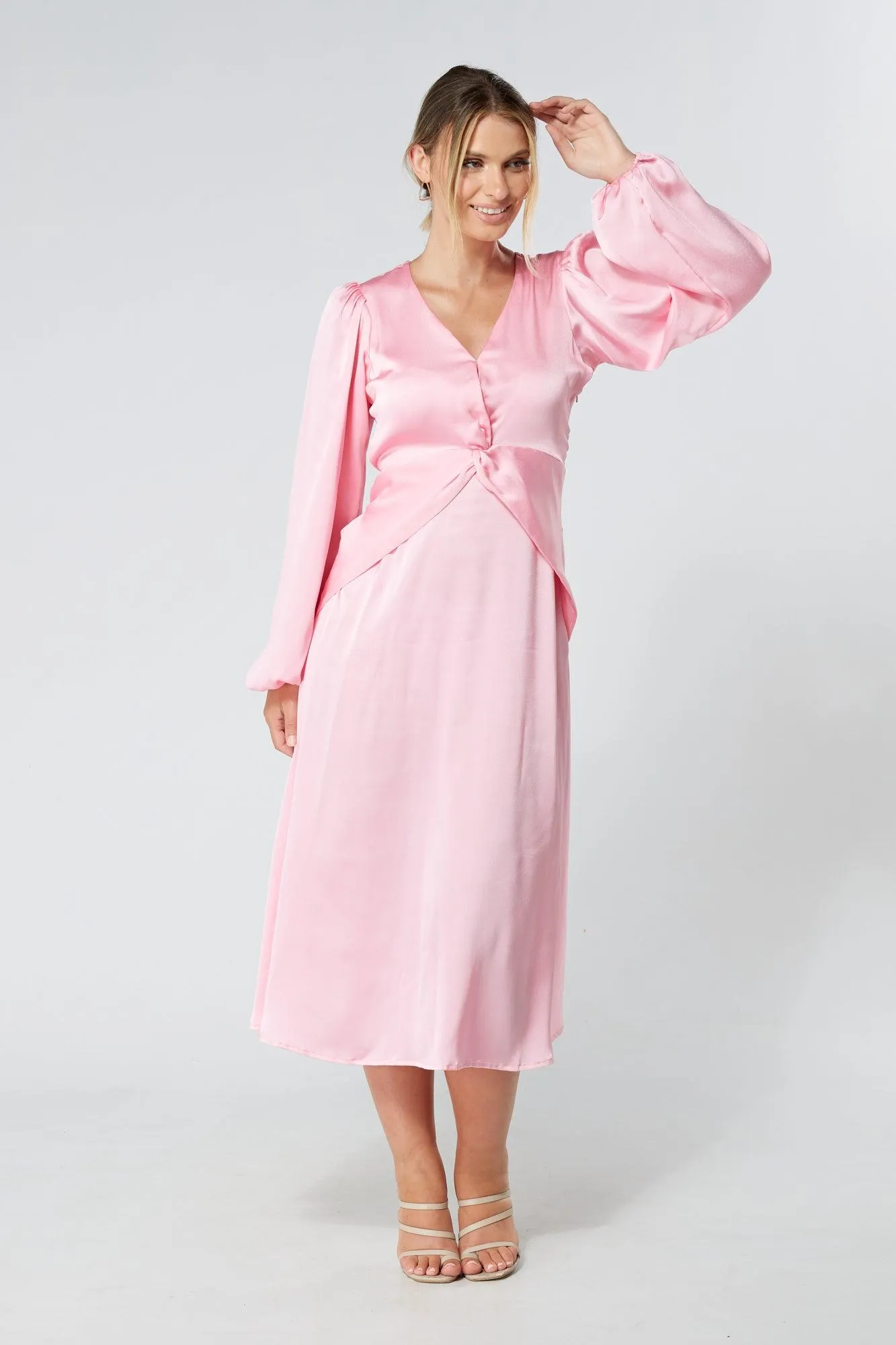 Calissa Light Pink Satin-feel Folded Body Midaxi Dress