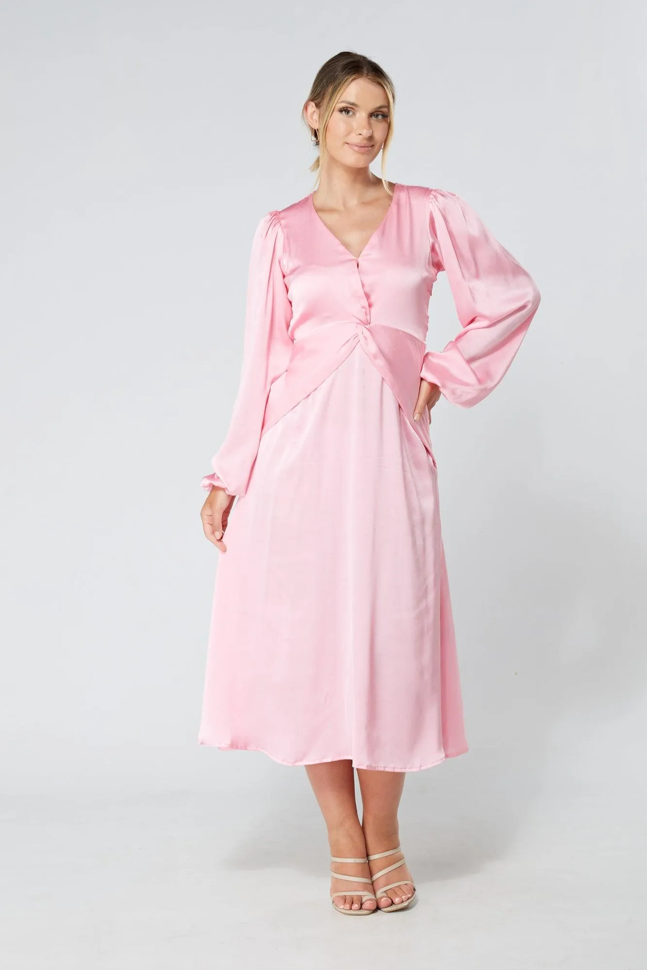 Calissa Light Pink Satin-feel Folded Body Midaxi Dress