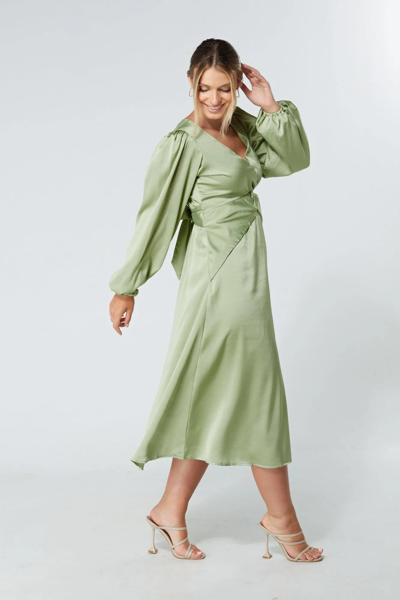 Calissa Olive Satin-feel Folded Body Midaxi Dress