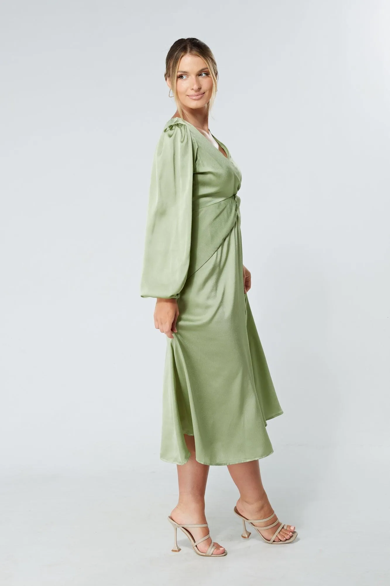 Calissa Olive Satin-feel Folded Body Midaxi Dress