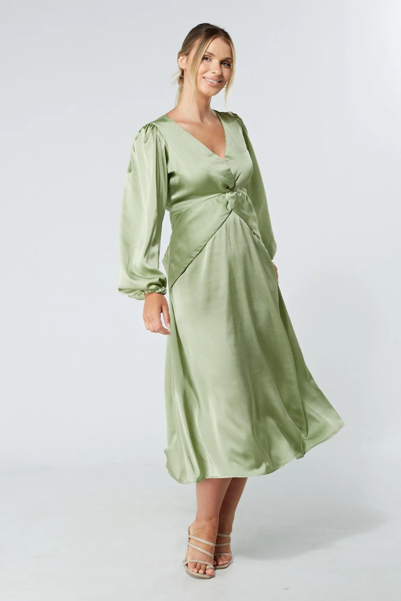 Calissa Olive Satin-feel Folded Body Midaxi Dress