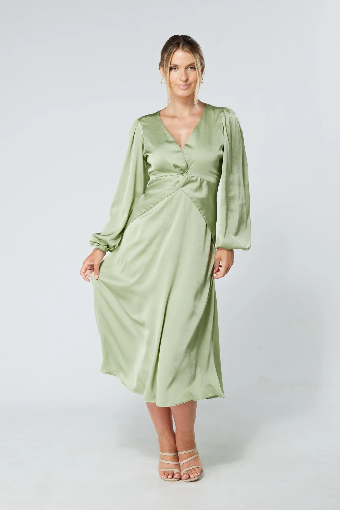 Calissa Olive Satin-feel Folded Body Midaxi Dress