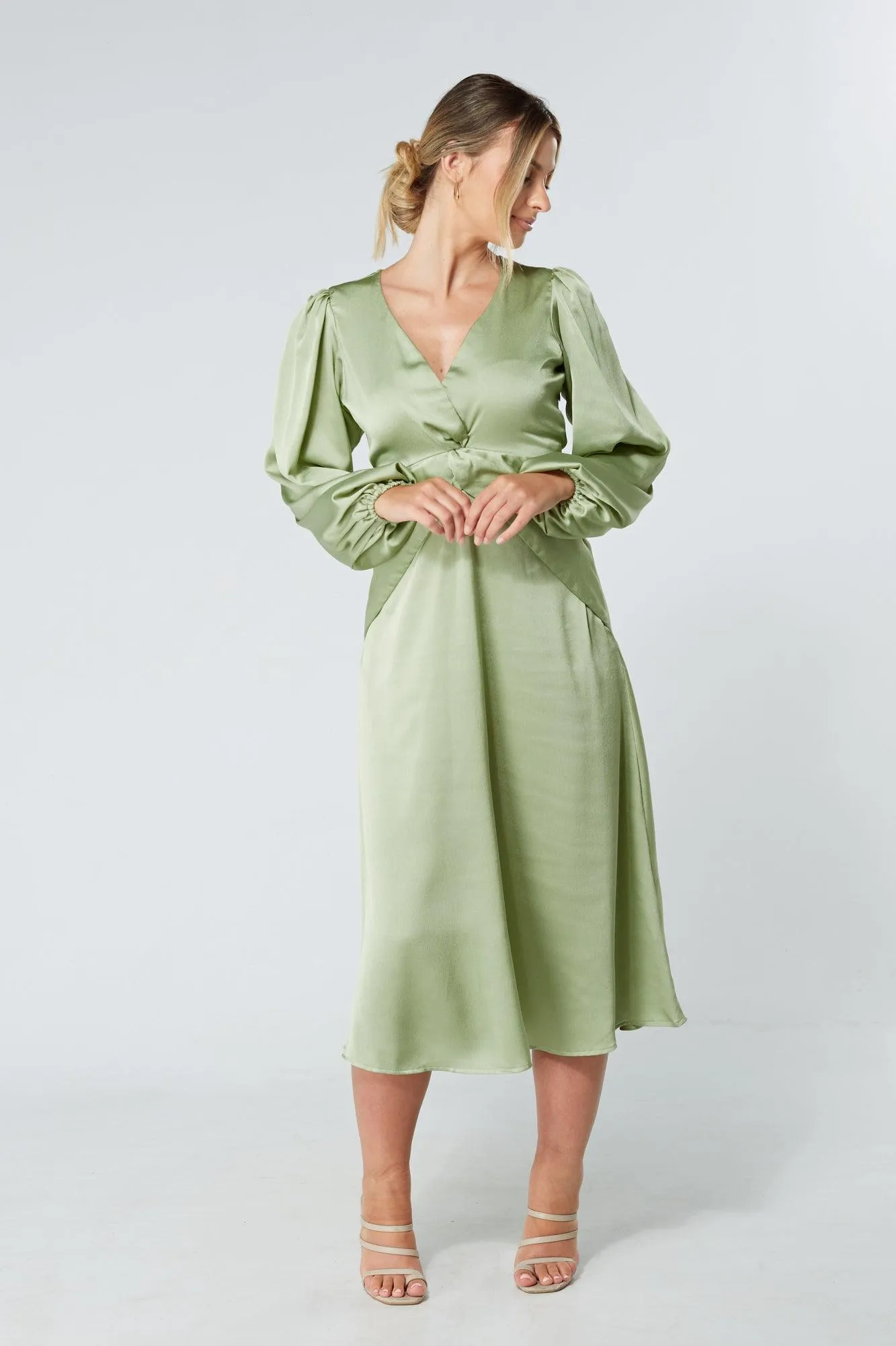 Calissa Olive Satin-feel Folded Body Midaxi Dress