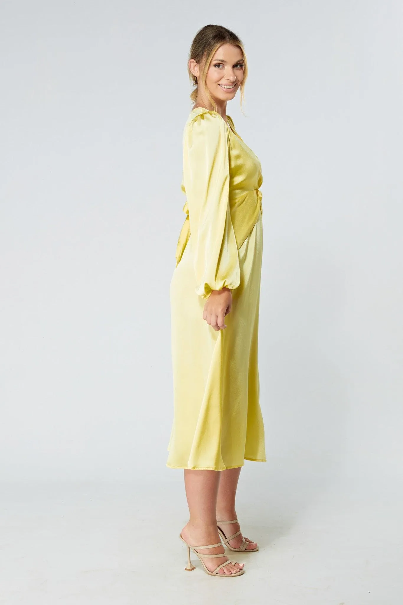 Calissa Yellow Satin-feel Folded Body Midaxi Dress