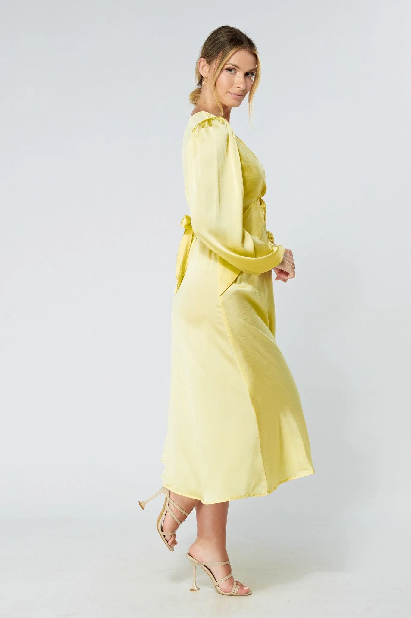 Calissa Yellow Satin-feel Folded Body Midaxi Dress