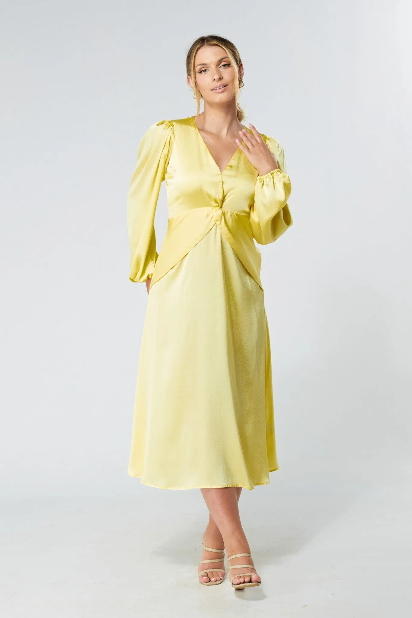 Calissa Yellow Satin-feel Folded Body Midaxi Dress