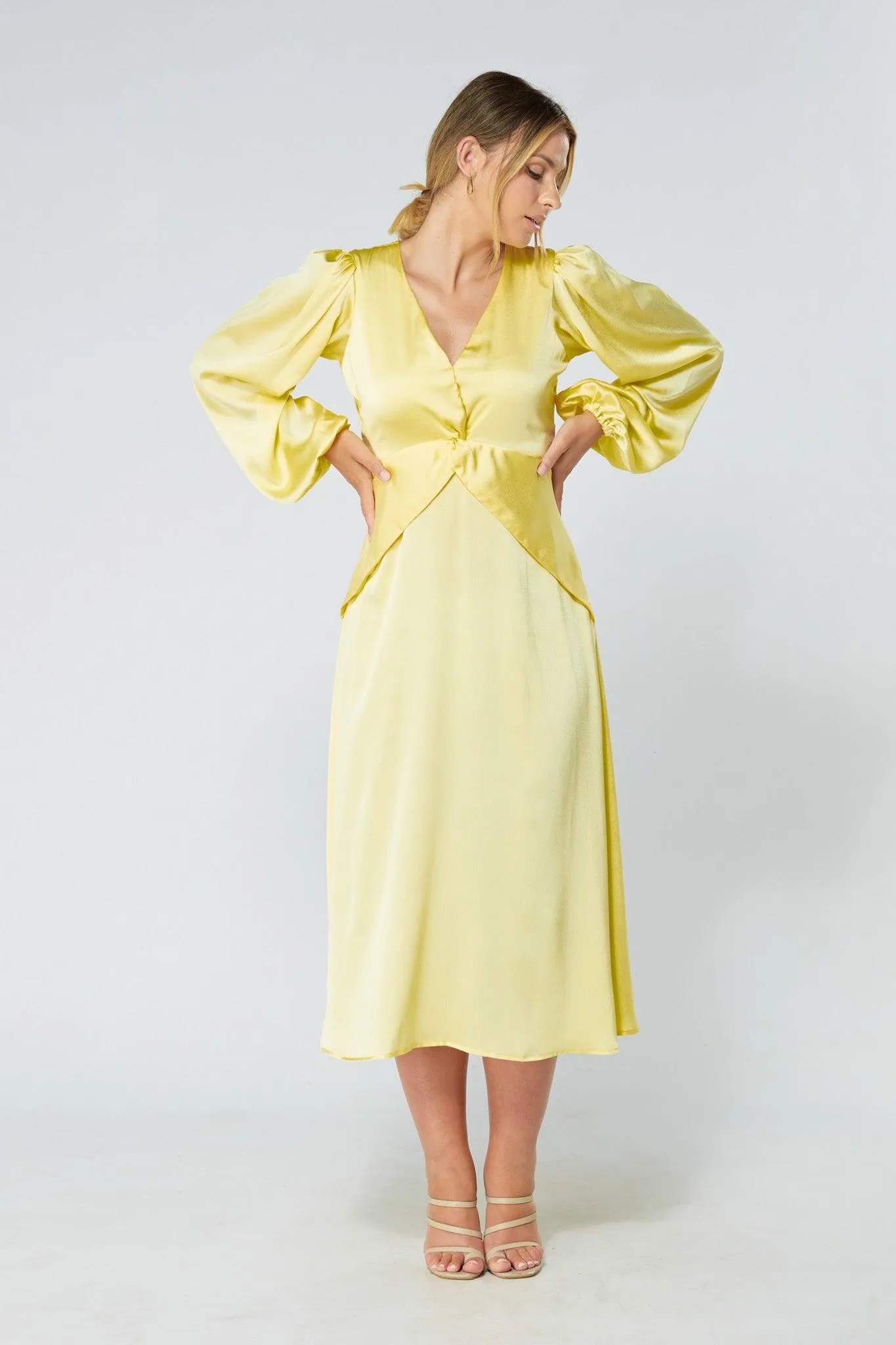 Calissa Yellow Satin-feel Folded Body Midaxi Dress