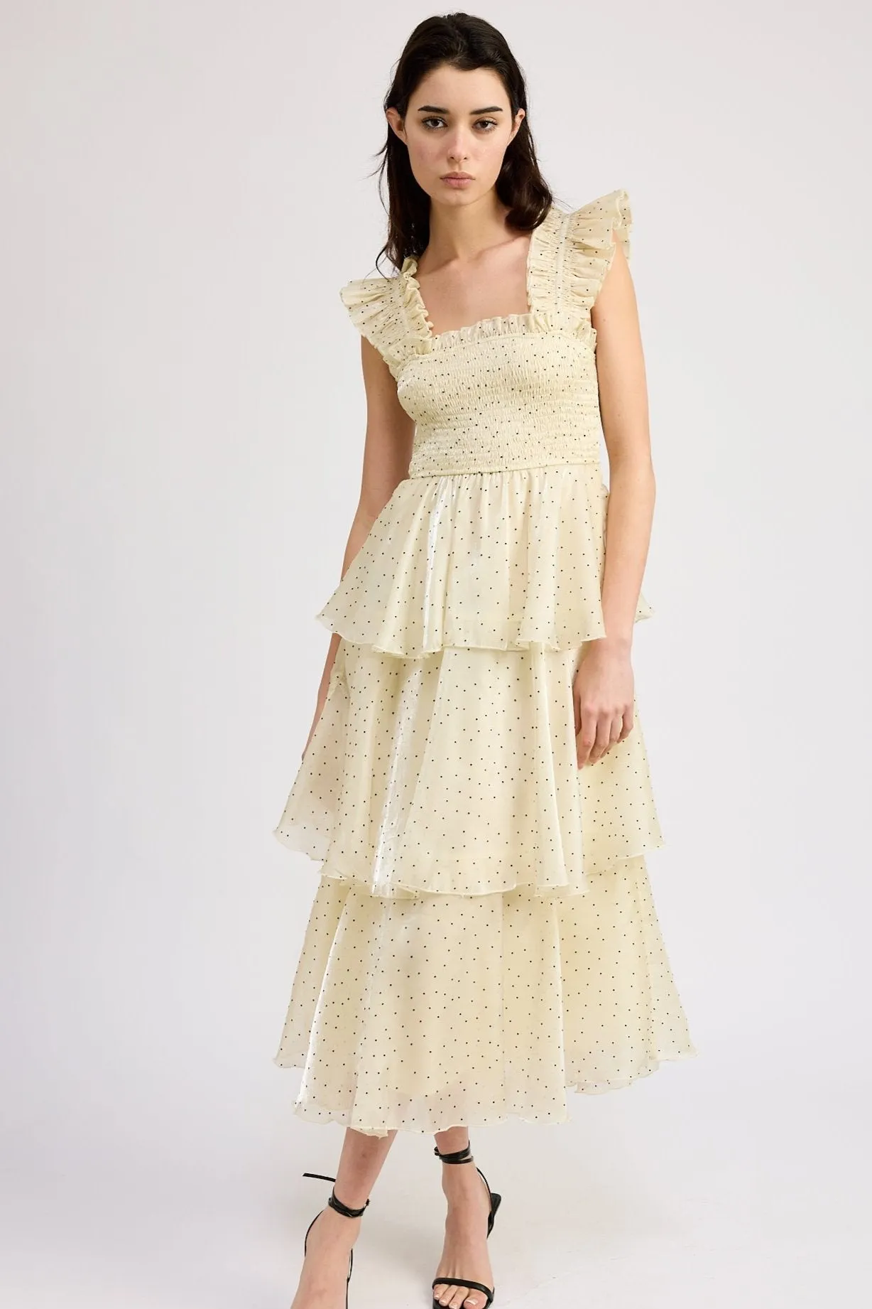 Calista Flocked Dot Ruffle Dress