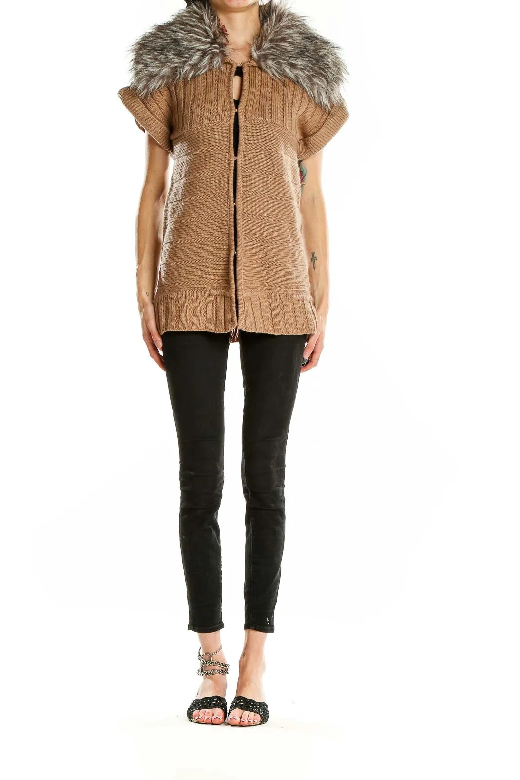 Camel Faux Fur Collar Knit Vest