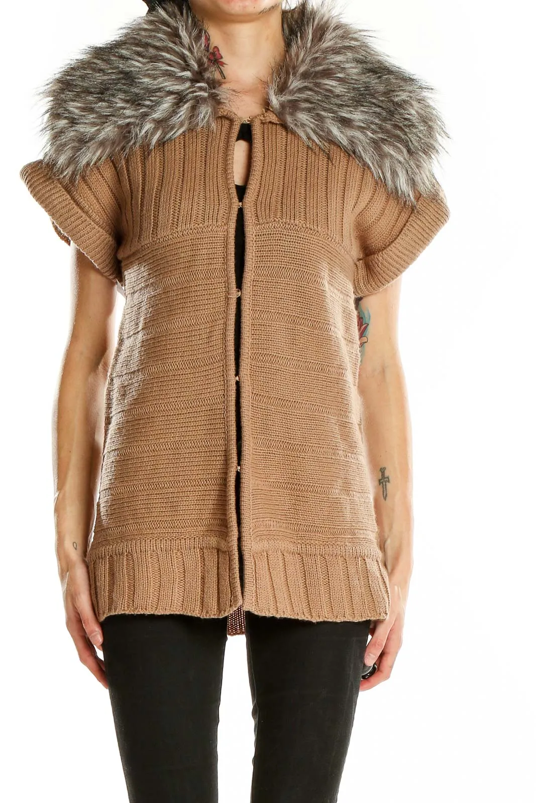 Camel Faux Fur Collar Knit Vest