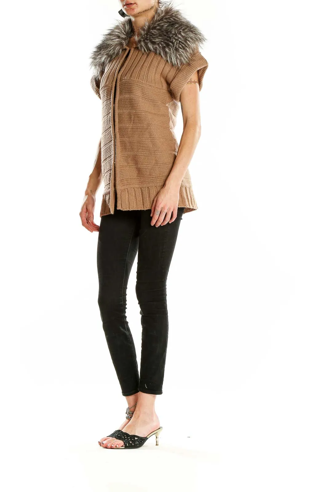 Camel Faux Fur Collar Knit Vest