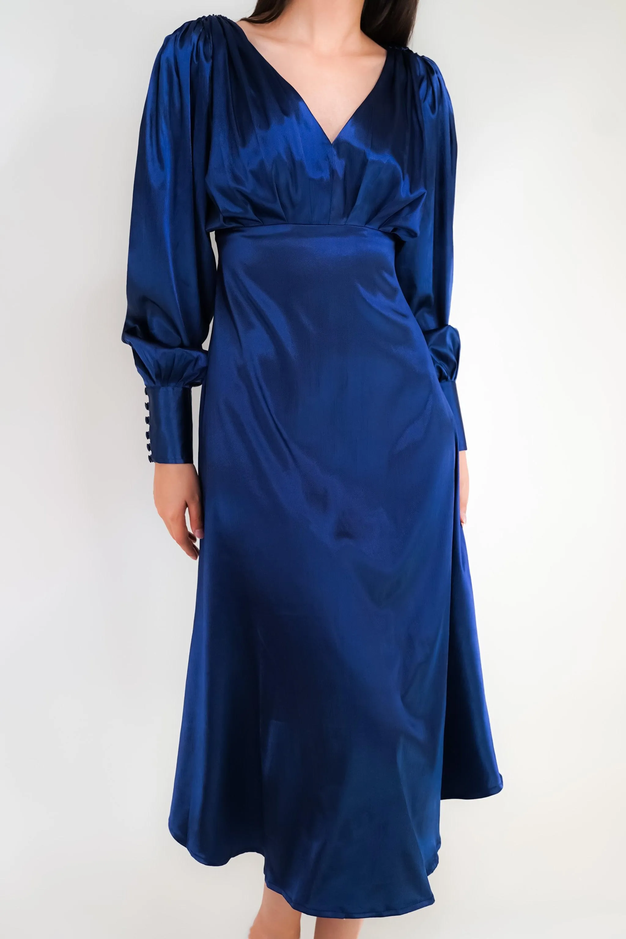 Celeste Dark Blue Premium Satin Midi Dress With Long Sleeves