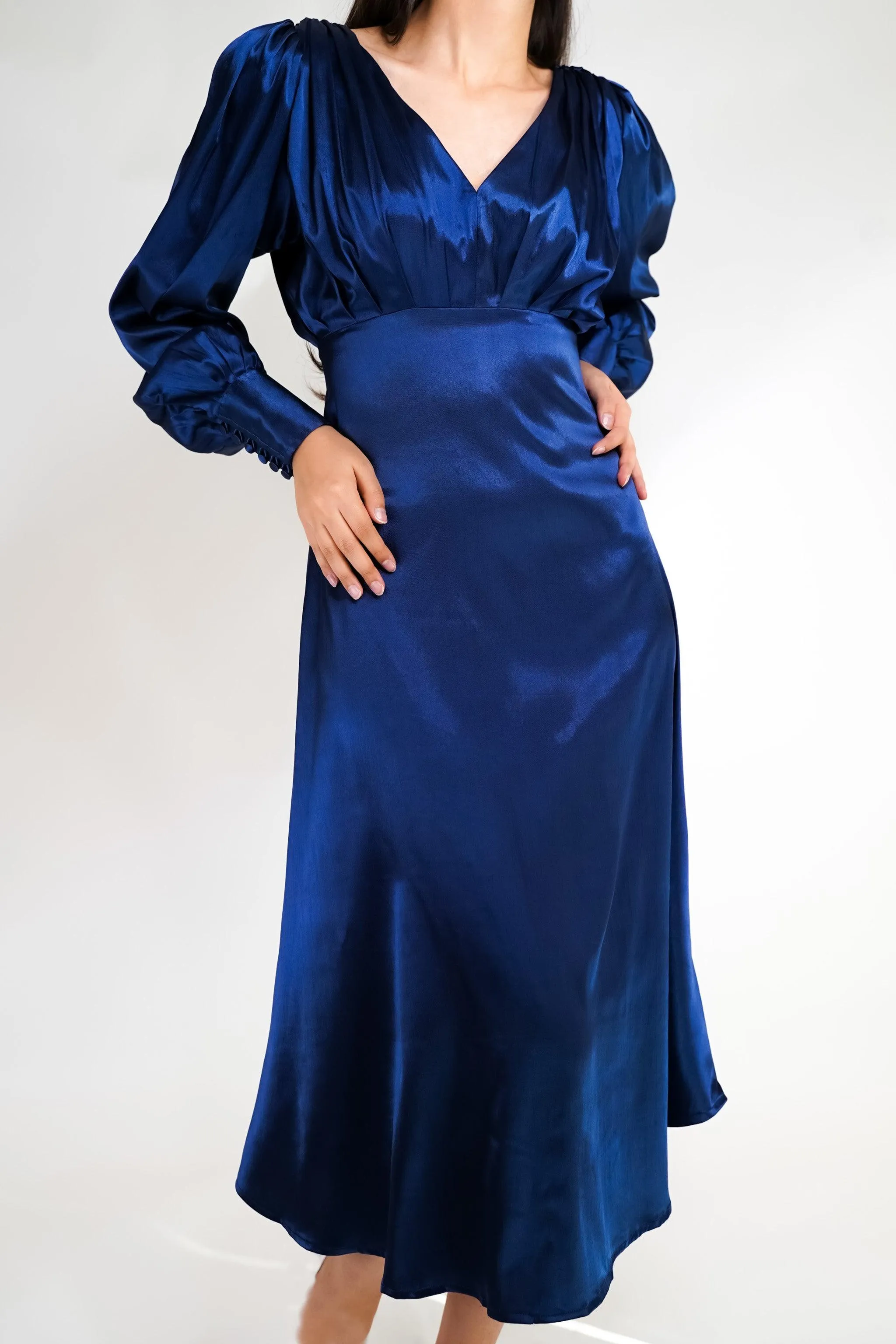 Celeste Dark Blue Premium Satin Midi Dress With Long Sleeves