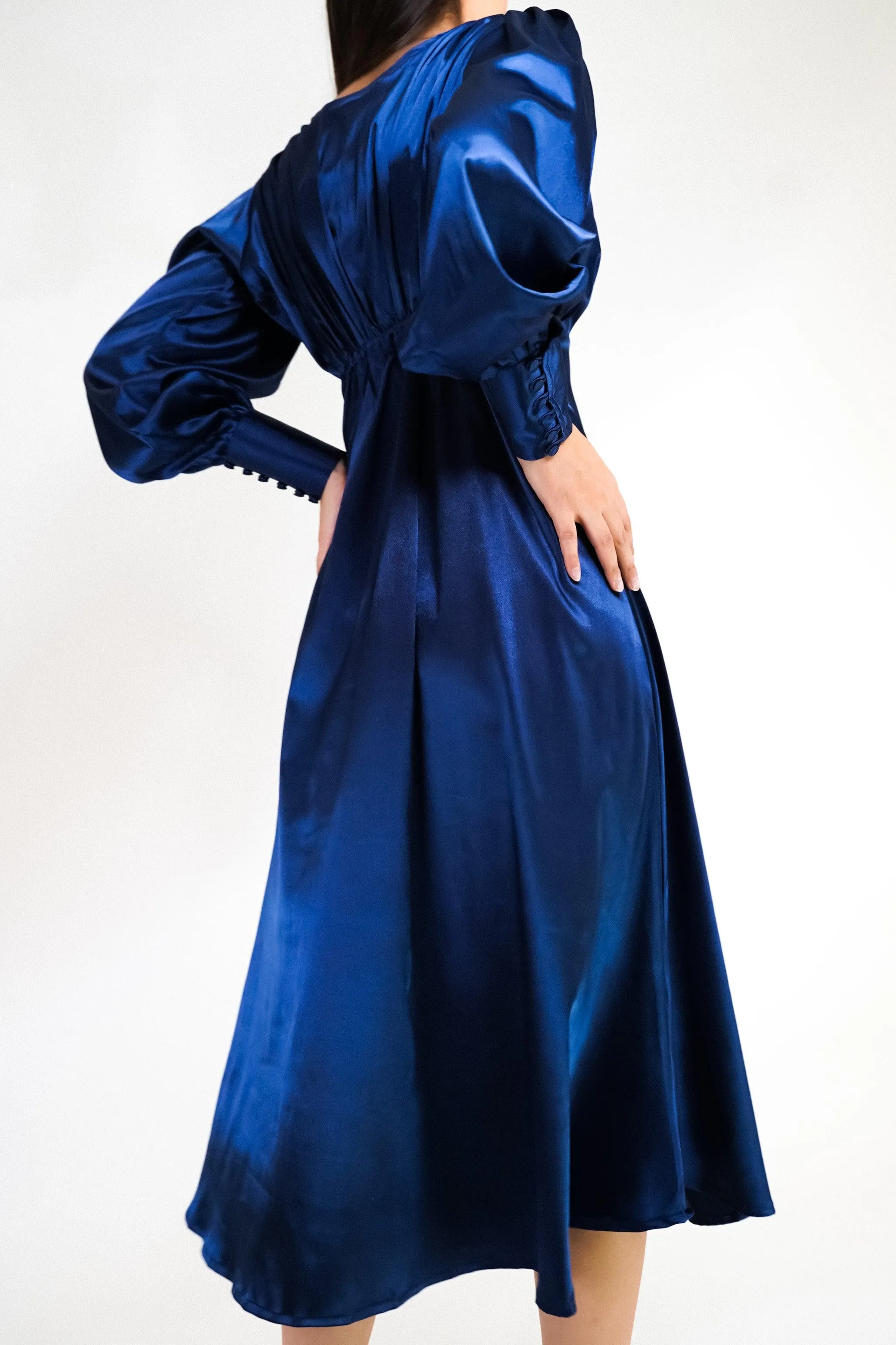 Celeste Dark Blue Premium Satin Midi Dress With Long Sleeves