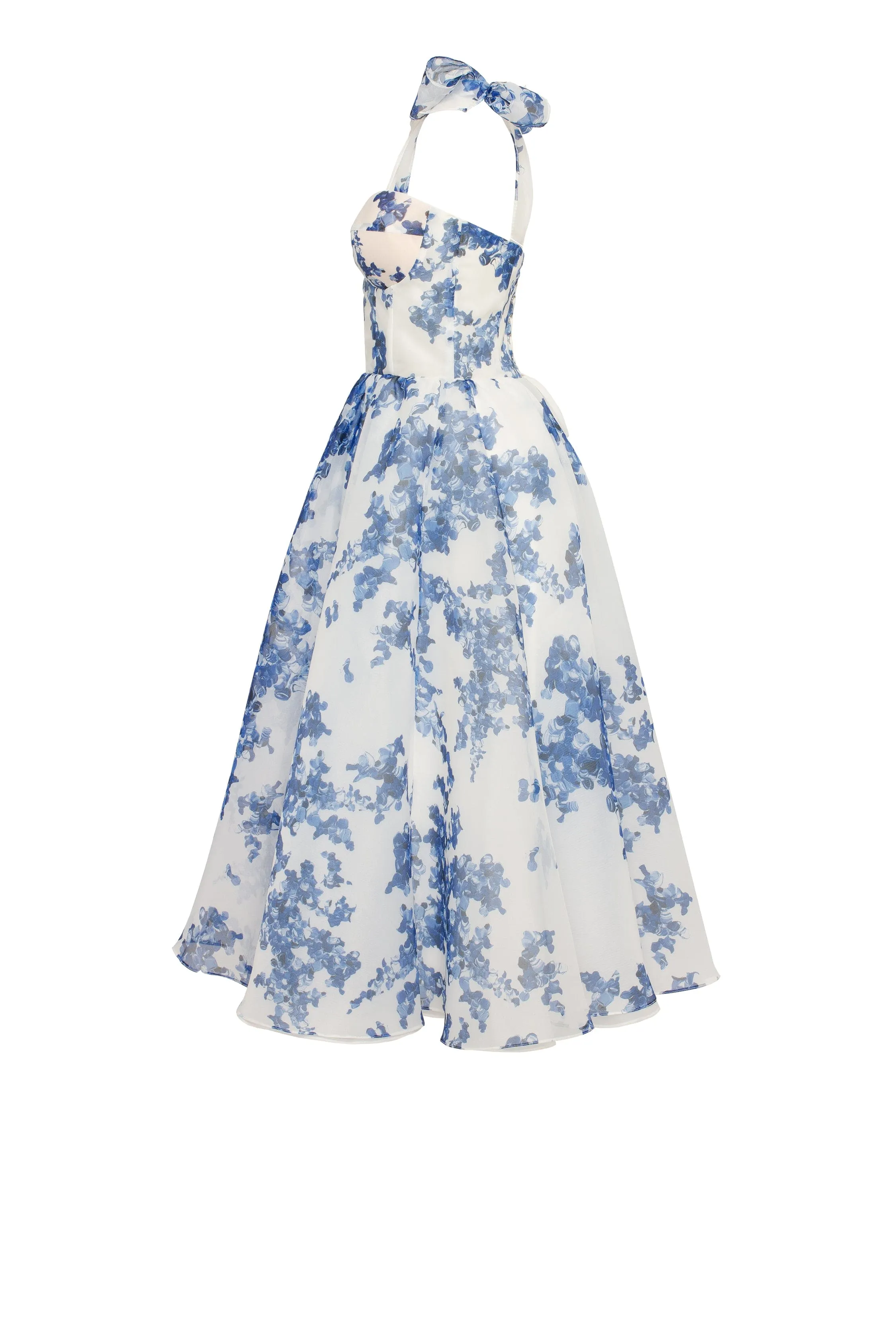 Charming blue hydrangea-patterned organza midi dress, Garden of Eden