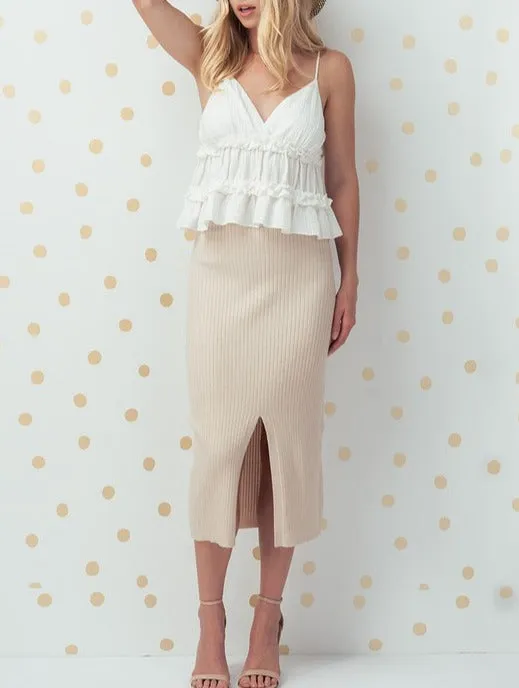 Check Out The Sky Tan Midi Skirt