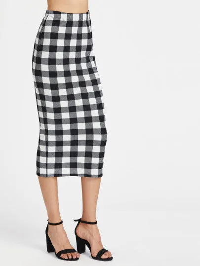 Checkered pencil midi bodycon skirt