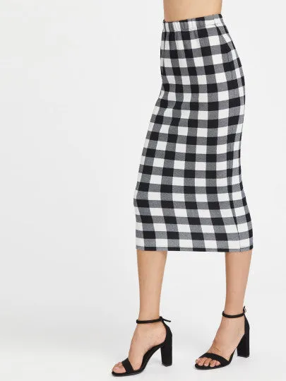 Checkered pencil midi bodycon skirt