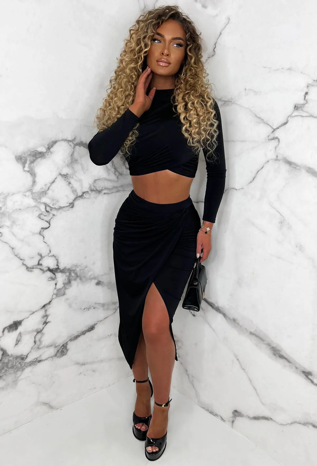 Chic Sleek Black Stretch Ruched Midi Skirt Co-Ord