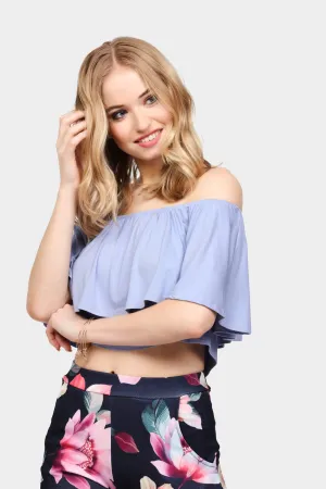 China-Blue Off The Shoulder Frill Crop Top