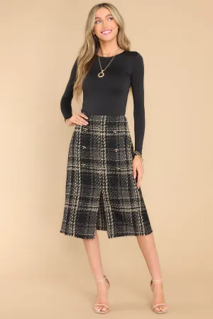 Cold Shoulder Black Tweed Midi Skirt