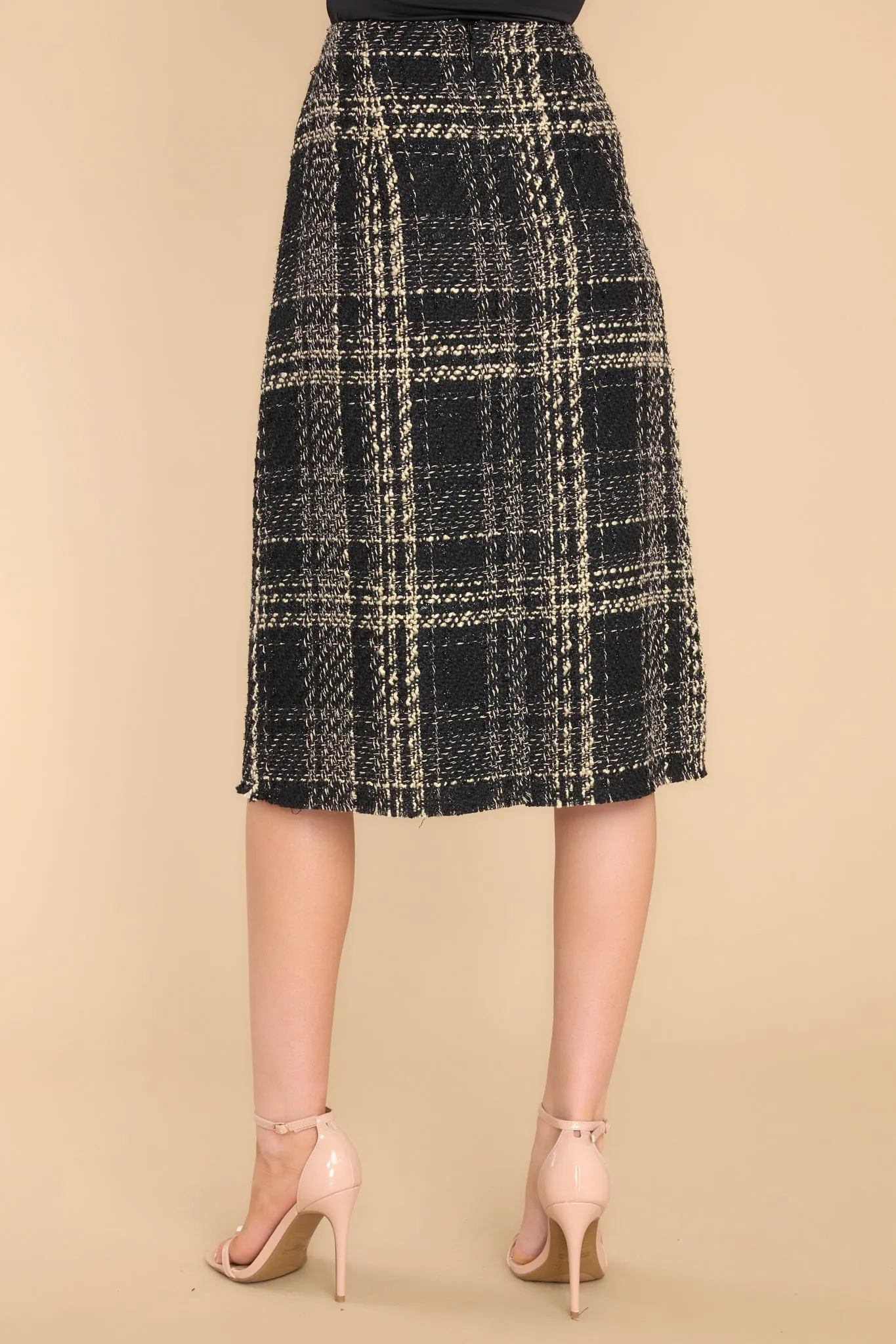 Cold Shoulder Black Tweed Midi Skirt