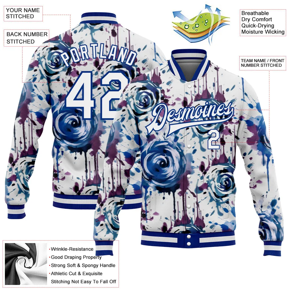 Custom White Royal Drip Painting Rose 3D Pattern Design Bomber Full-Snap Varsity Letterman Jacket