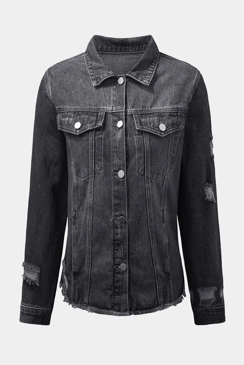 Dark Blue Lapel Distressed Raw Hem Buttons Denim Jacket