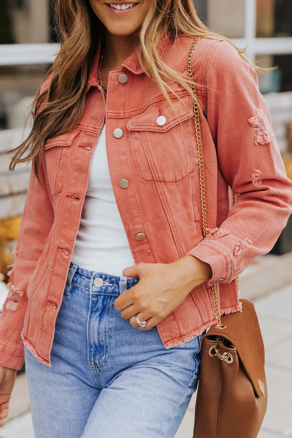 Dark Blue Lapel Distressed Raw Hem Buttons Denim Jacket