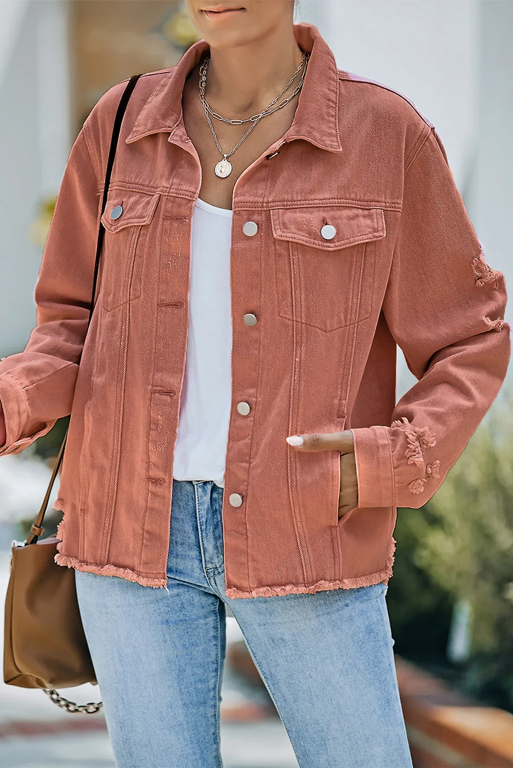 Dark Blue Lapel Distressed Raw Hem Buttons Denim Jacket