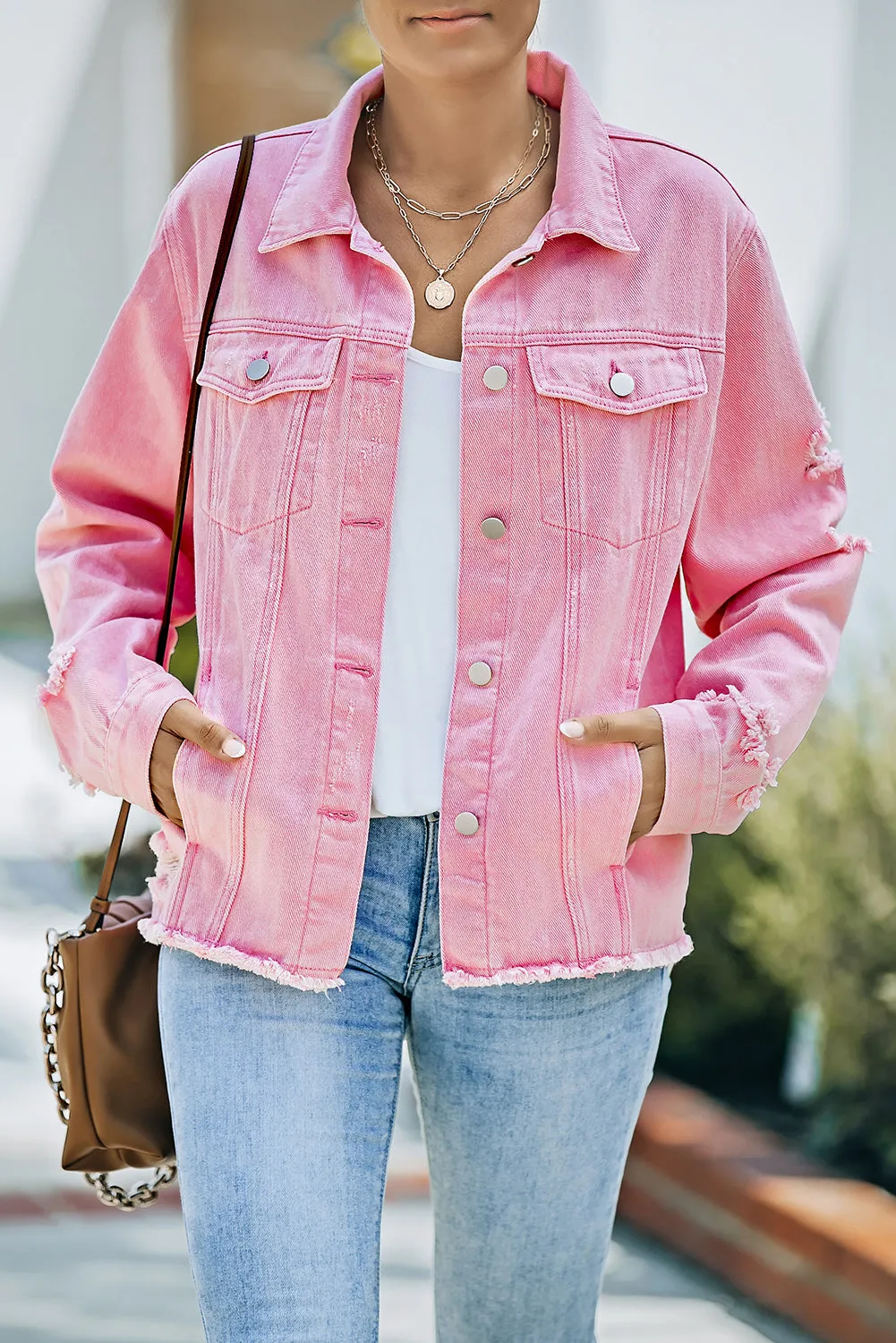 Dark Blue Lapel Distressed Raw Hem Buttons Denim Jacket