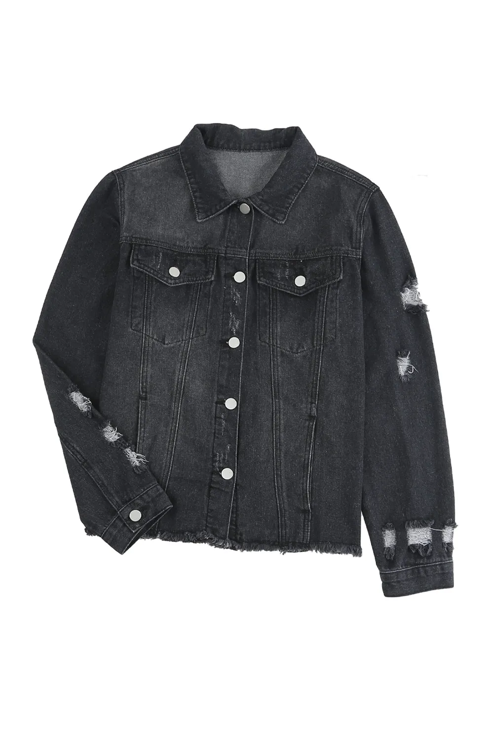 Dark Blue Lapel Distressed Raw Hem Buttons Denim Jacket