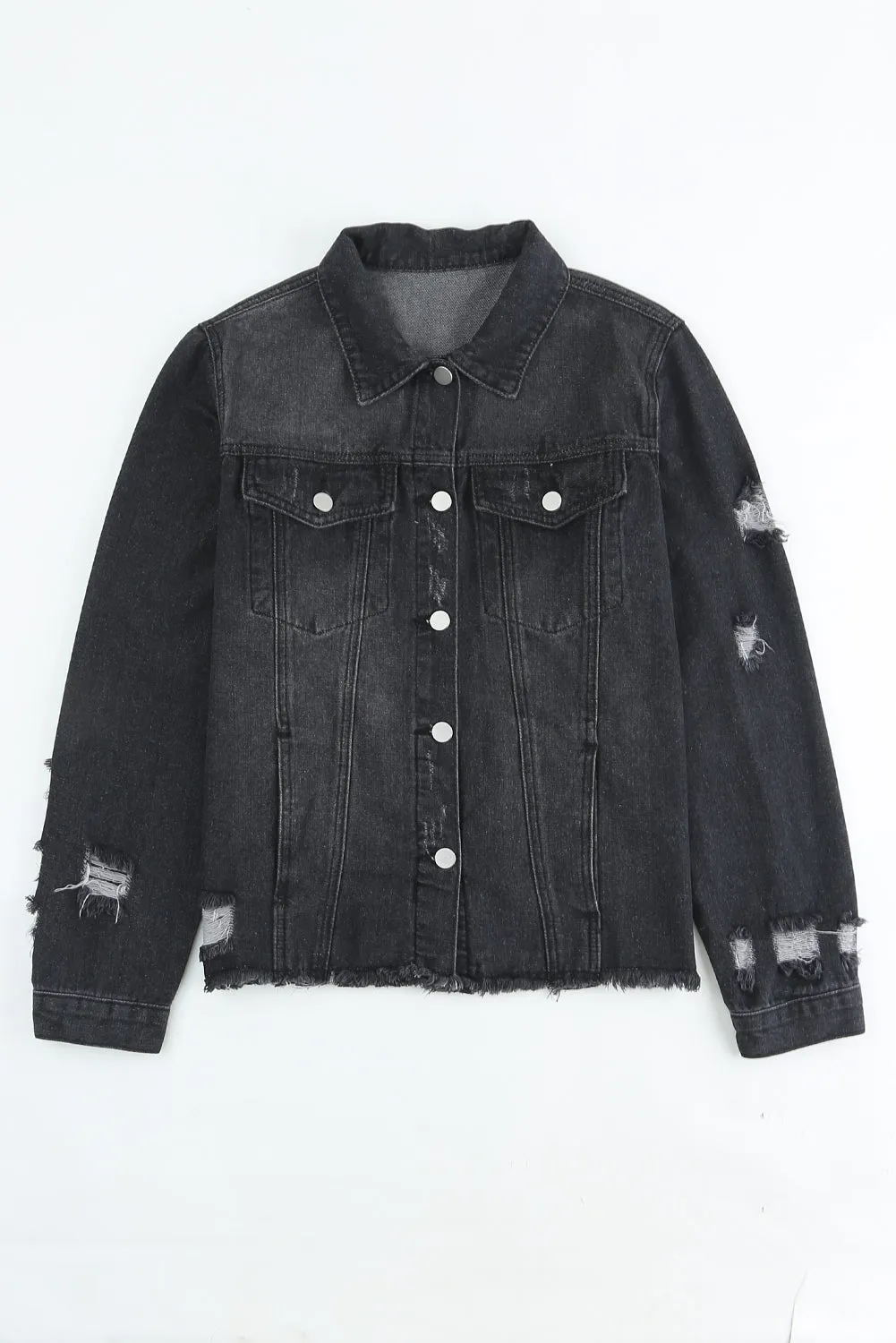 Dark Blue Lapel Distressed Raw Hem Buttons Denim Jacket