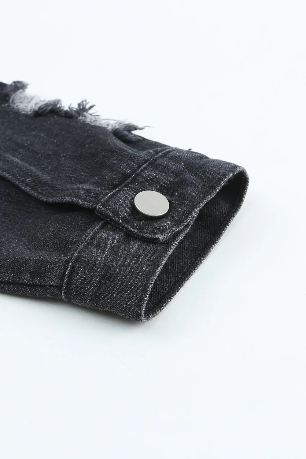 Dark Blue Lapel Distressed Raw Hem Buttons Denim Jacket