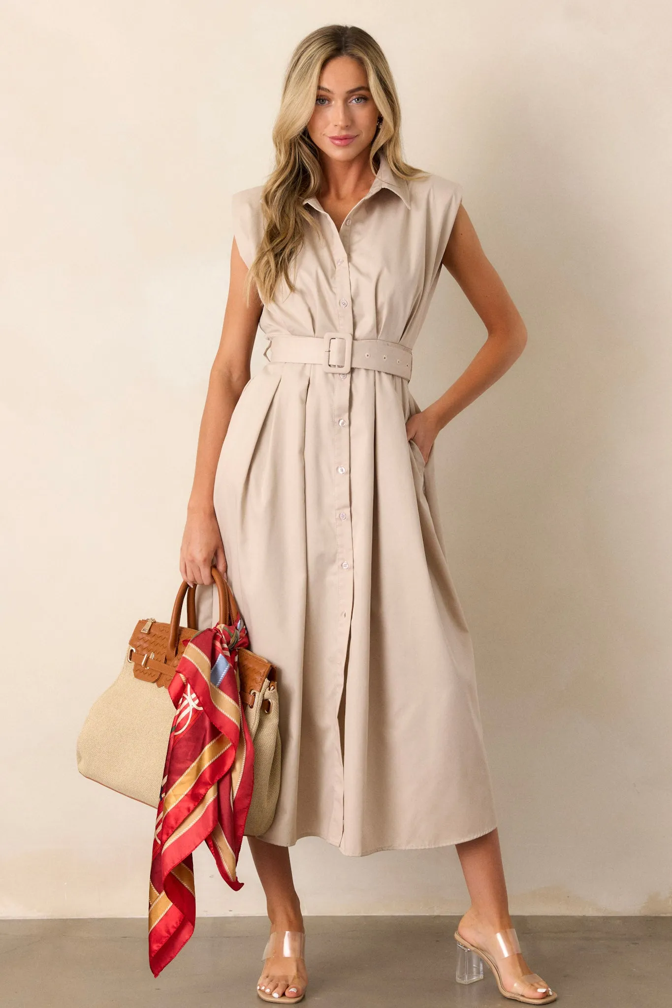 Days Go By Beige Belted Midi Dress