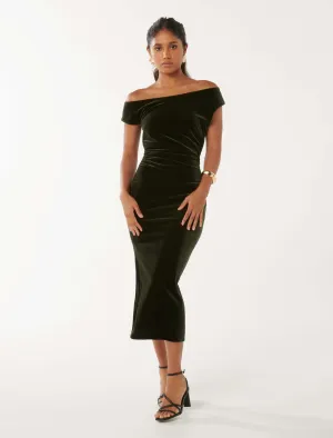 Demi Petite Tipped Shoulder Velvet Bodycon Dress