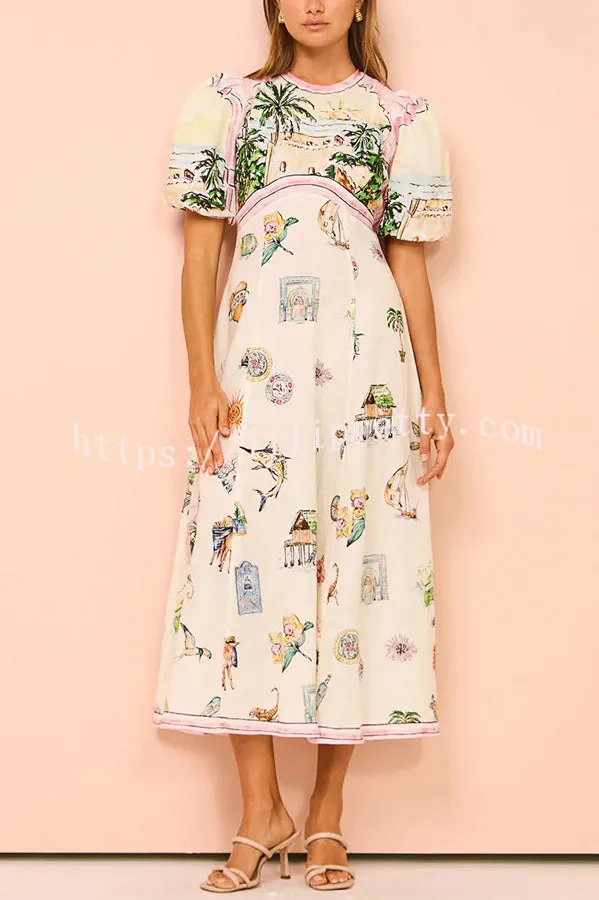 European Summer Sunset Linen Blend Unique Print Puff Sleeve Midi Dress