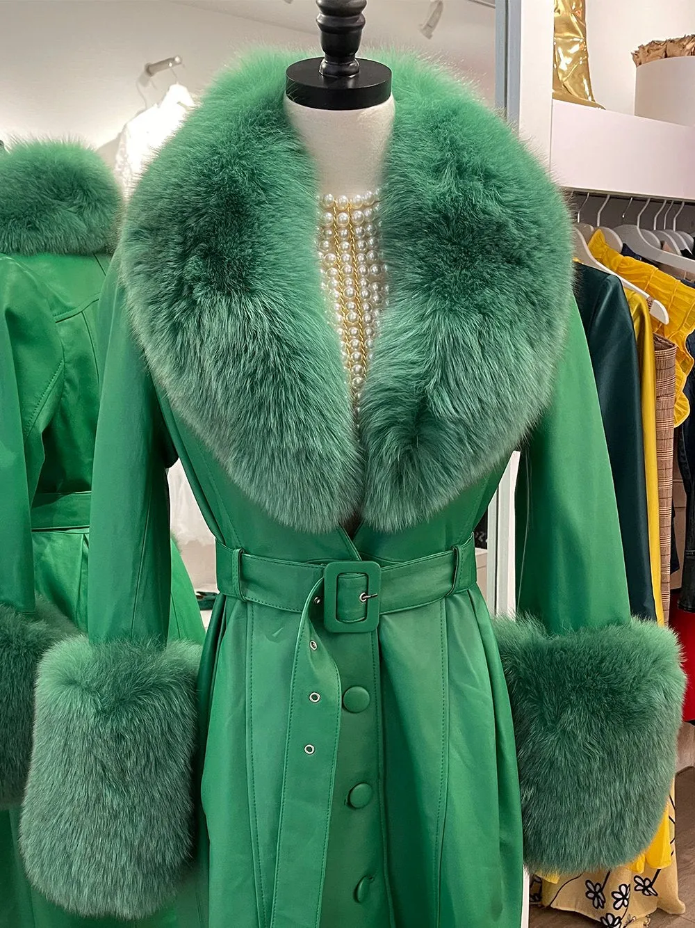 Faux Fur Genuine Leather Coat in Green