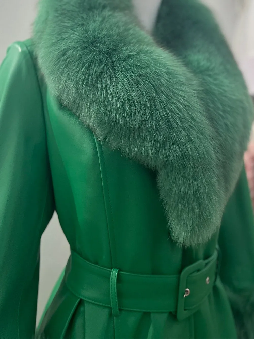 Faux Fur Genuine Leather Coat in Green