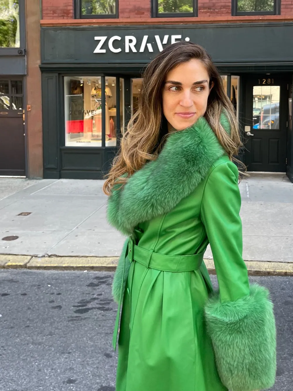 Faux Fur Genuine Leather Coat in Green