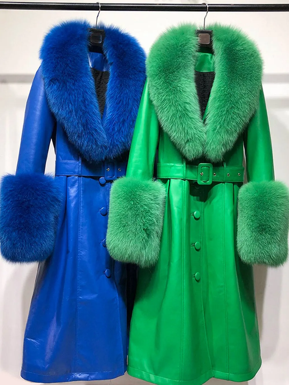 Faux Fur Genuine Leather Coat in Green