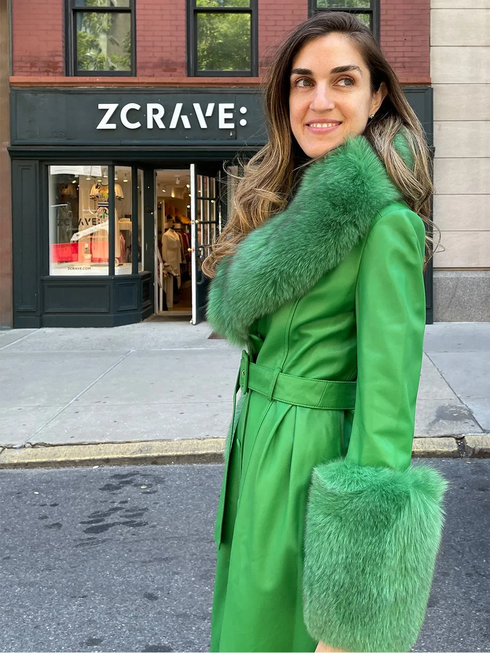 Faux Fur Genuine Leather Coat in Green